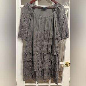 AMERICAN RETRO Women’s Gray Cotton Silk Blend Tiered Eyelet Dress Size M